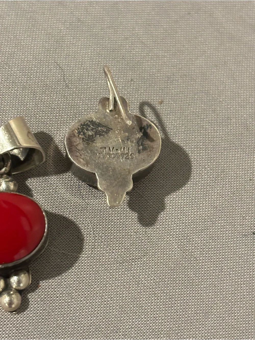 Vintage Taxco signed Mexico Sterling Silver Red Coral Pendant and Earrings Set - Picture 2 of 5